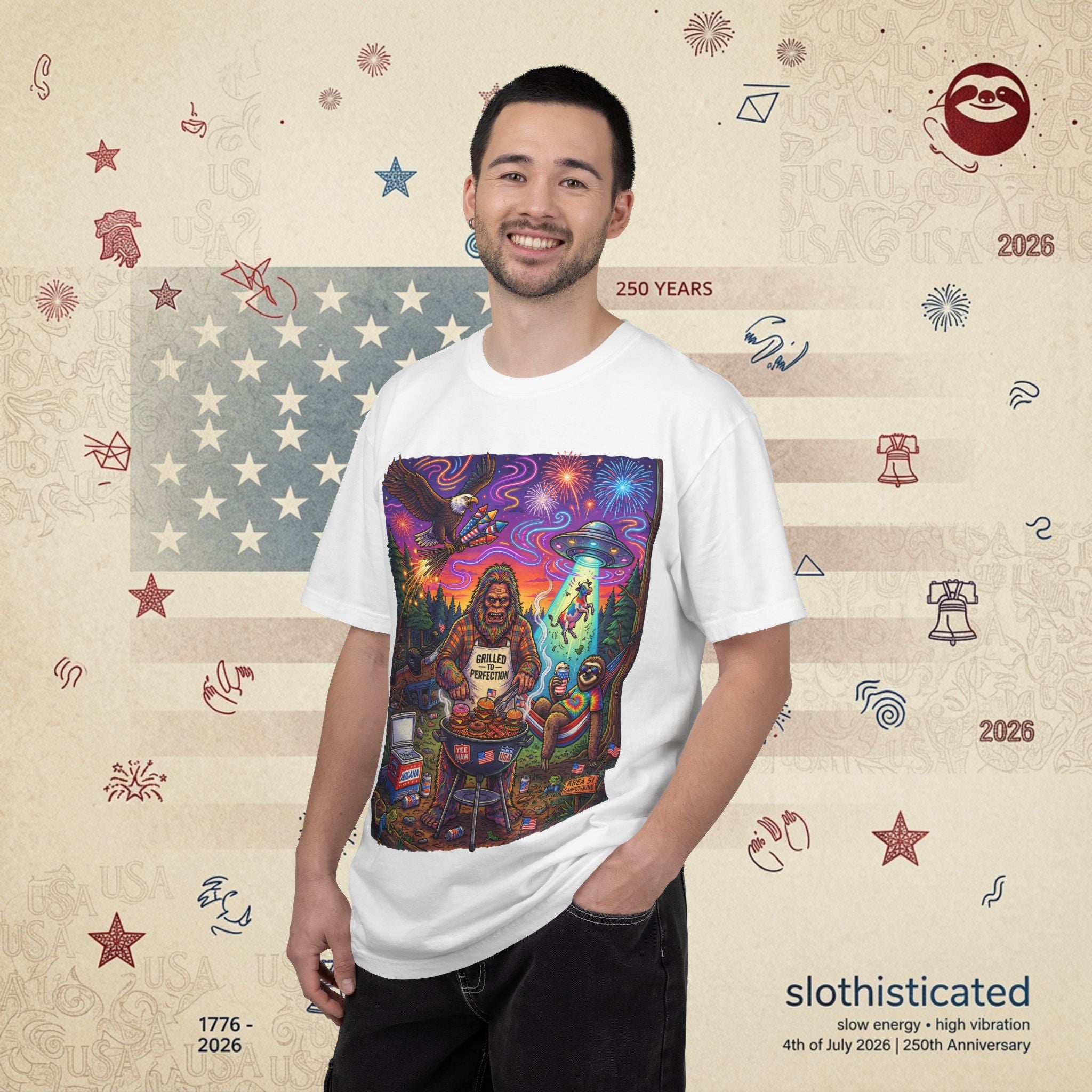 The Visitation — Psychedelic Sasquatch 4th of July BBQ UFO T-Shirt
