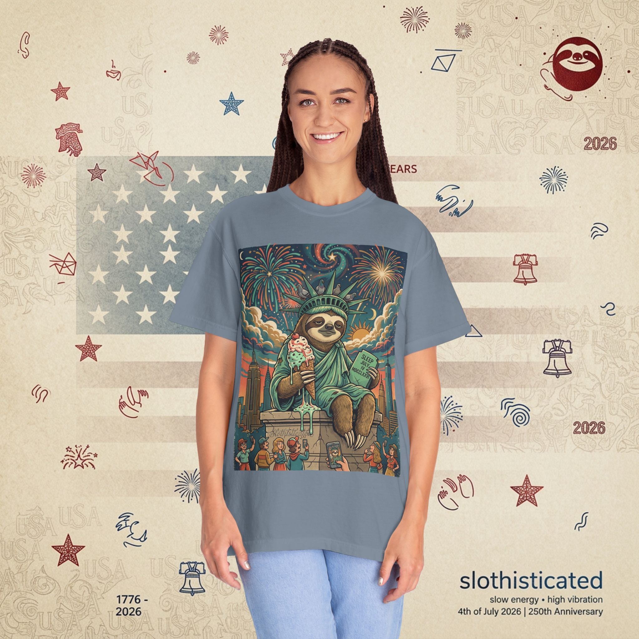 The Colossus — Liberty Sloth Statue Fireworks T-Shirt