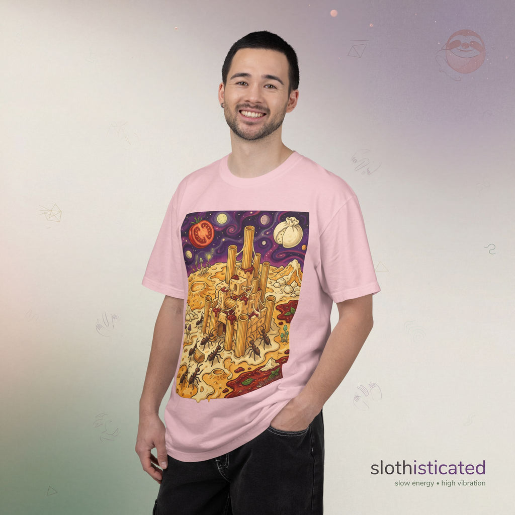 The Pasta Citadel — Funny Pasta Castle Tee · Surreal Foodie Art