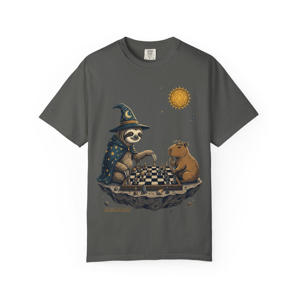Wizard Sloth vs. Capybara Chess T-Shirt — Cute Fantasy Animal Game Tee