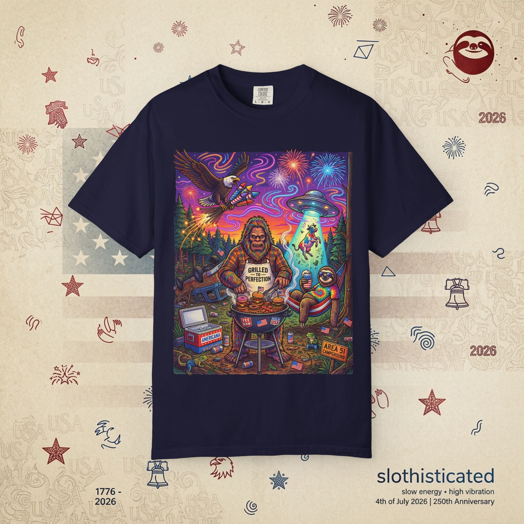 The Visitation — Psychedelic Sasquatch 4th of July BBQ UFO T-Shirt