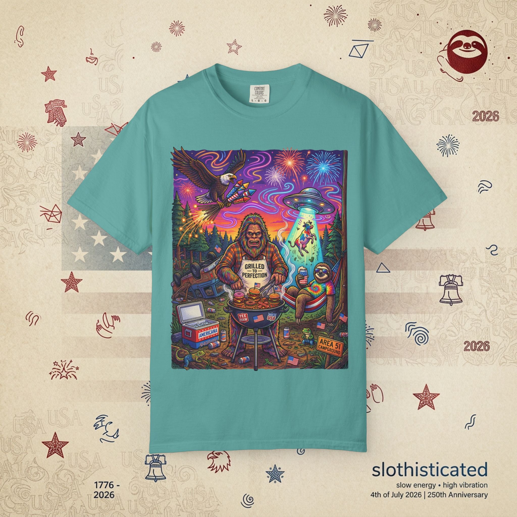 The Visitation — Psychedelic Sasquatch 4th of July BBQ UFO T-Shirt