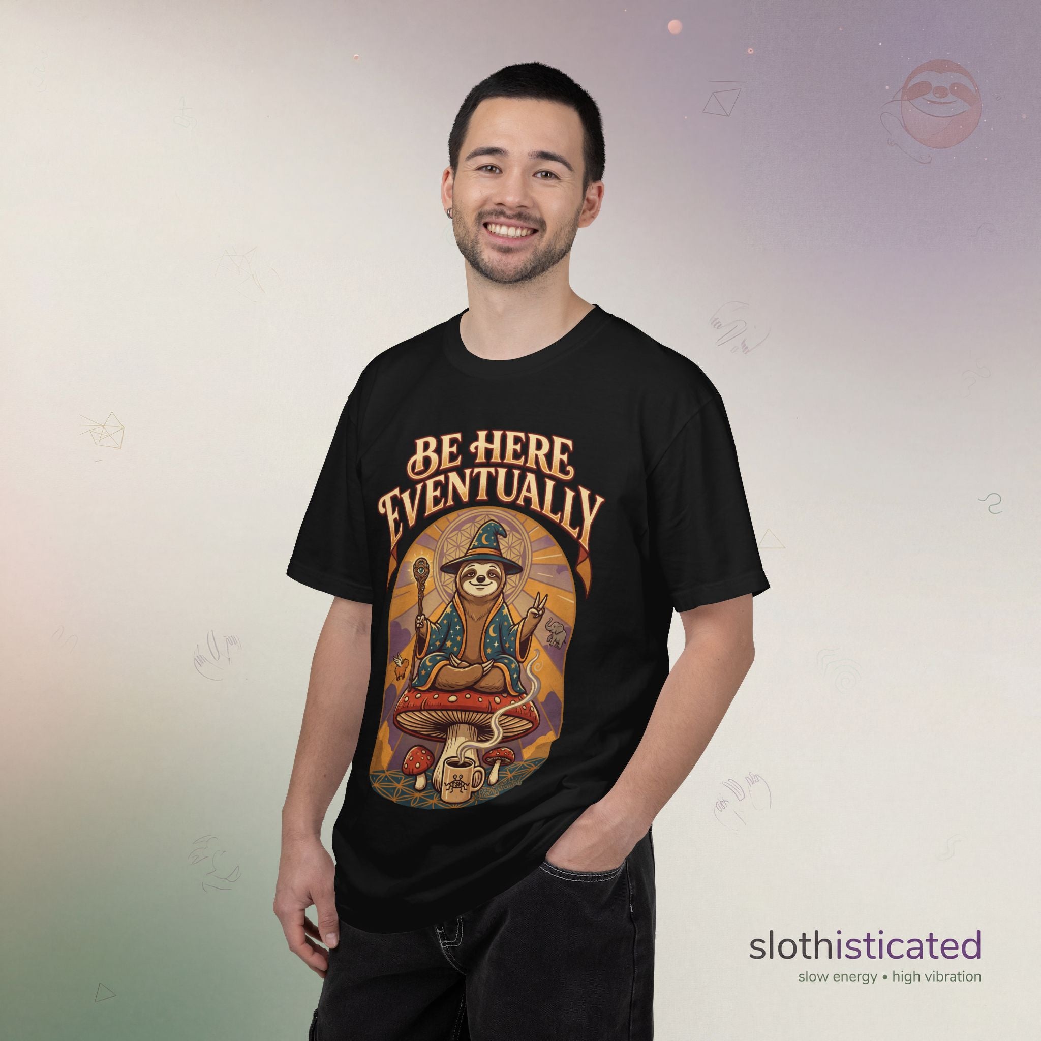 Be Here Eventually Sloth Graphic T-Shirt — Retro Meditation Tee