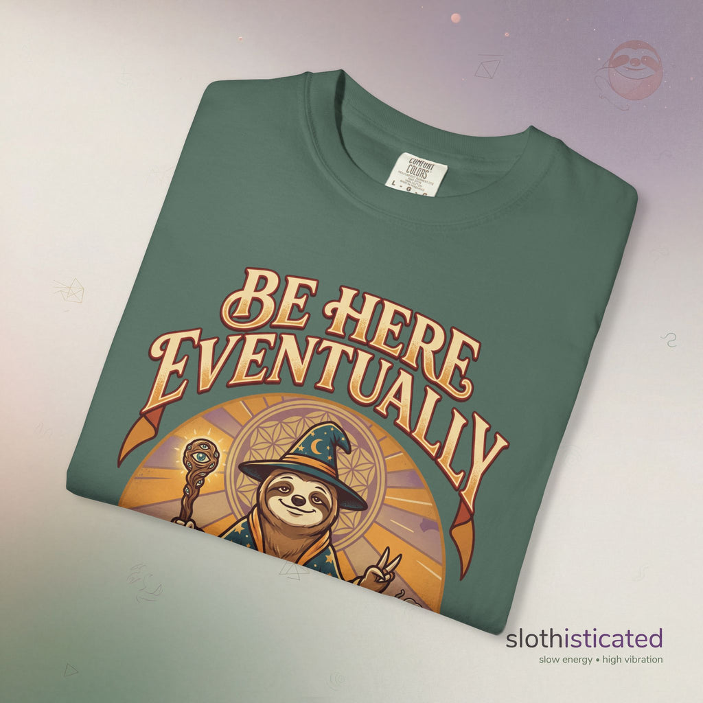 Be Here Eventually Sloth Graphic T-Shirt — Retro Meditation Tee