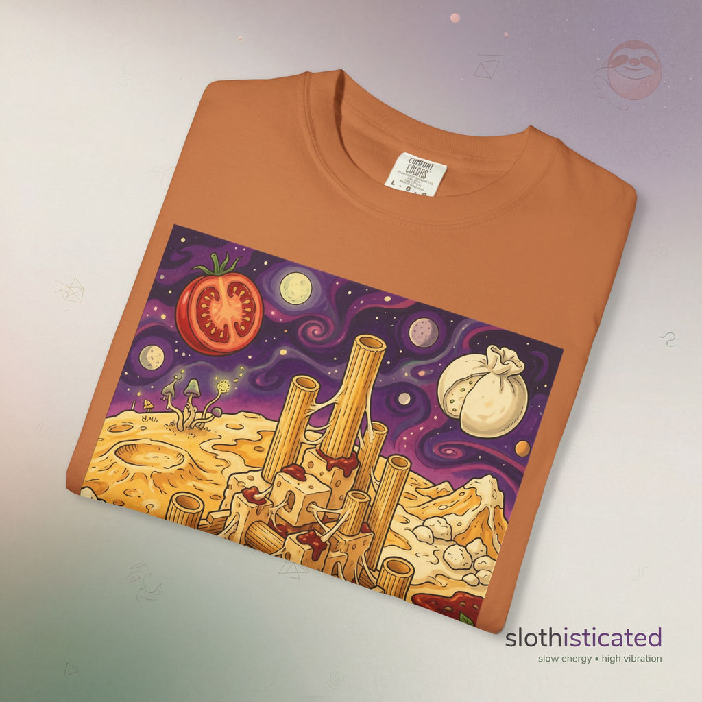 The Pasta Citadel — Funny Pasta Castle Tee · Surreal Foodie Art