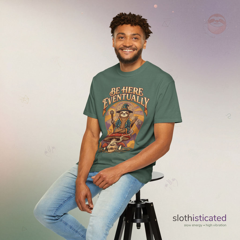 Be Here Eventually Sloth Graphic T-Shirt — Retro Meditation Tee