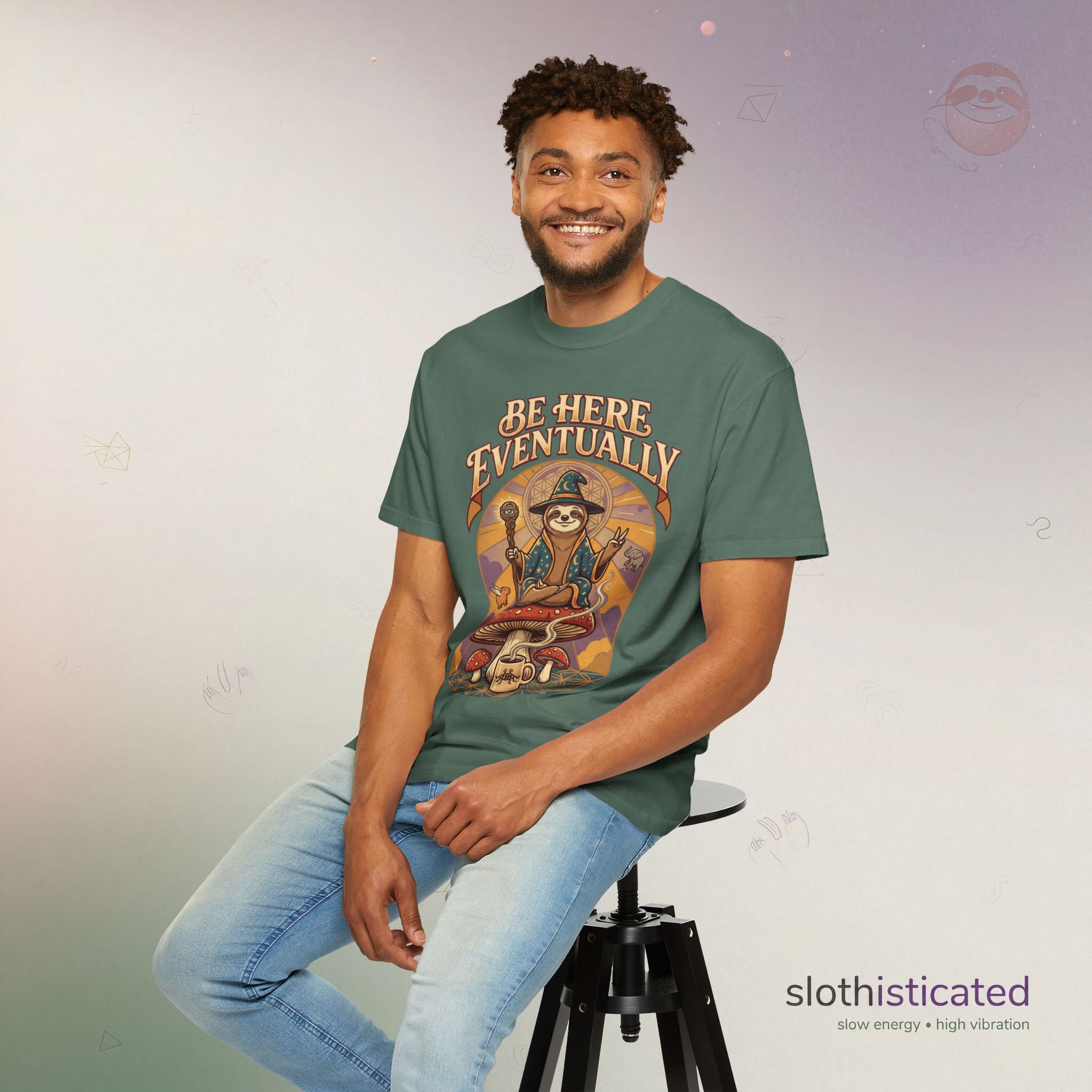 Be Here Eventually Sloth Graphic T-Shirt — Retro Meditation Tee