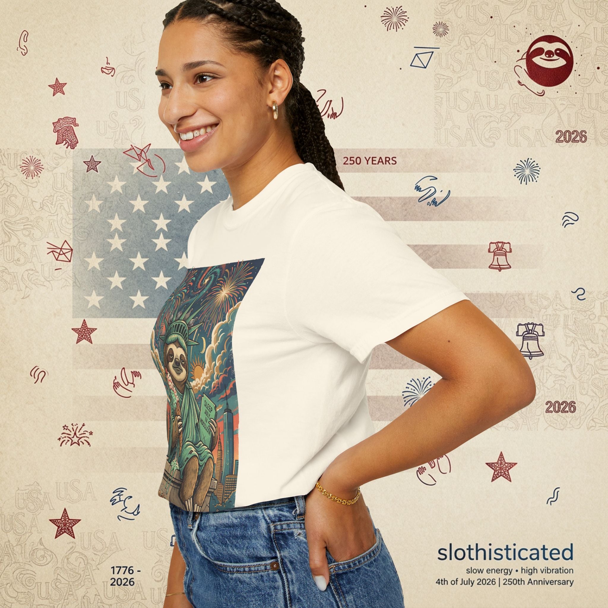The Colossus — Liberty Sloth Statue Fireworks T-Shirt