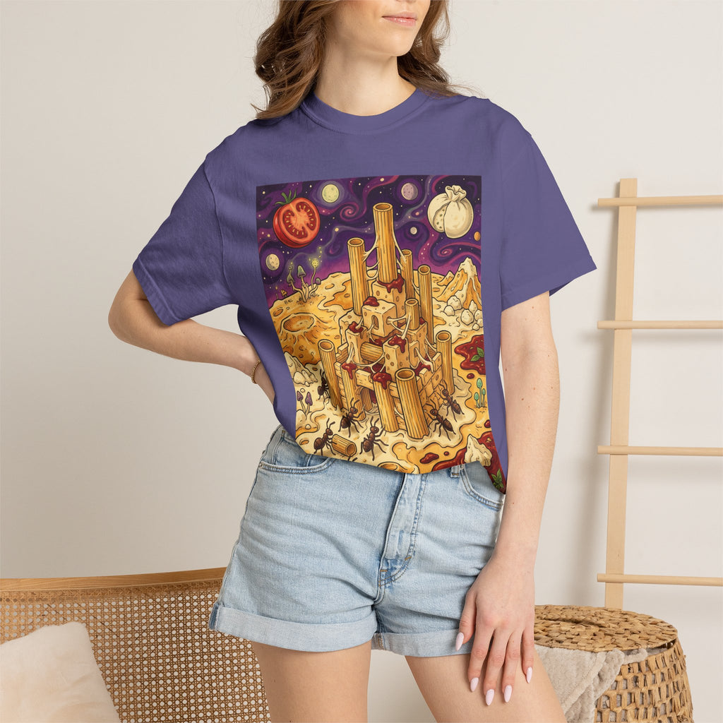The Pasta Citadel — Funny Pasta Castle Tee · Surreal Foodie Art