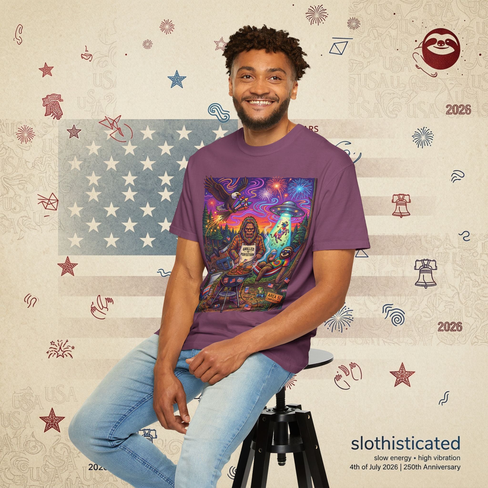 The Visitation — Psychedelic Sasquatch 4th of July BBQ UFO T-Shirt