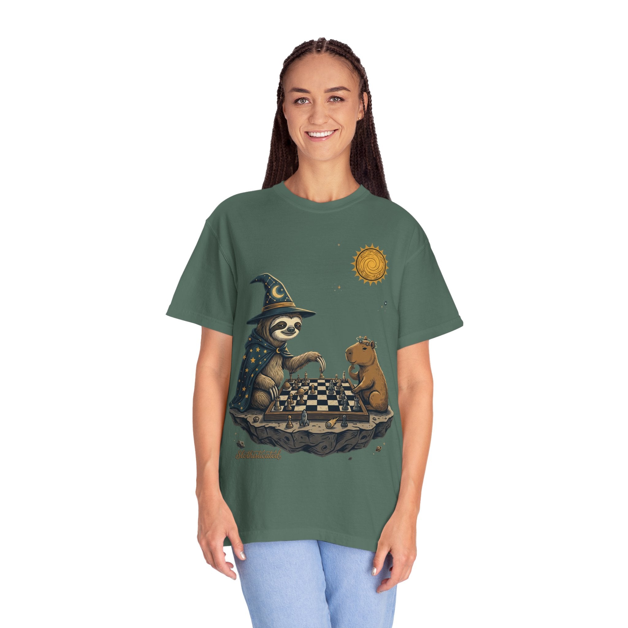 Wizard Sloth vs. Capybara Chess T-Shirt — Cute Fantasy Animal Game Tee