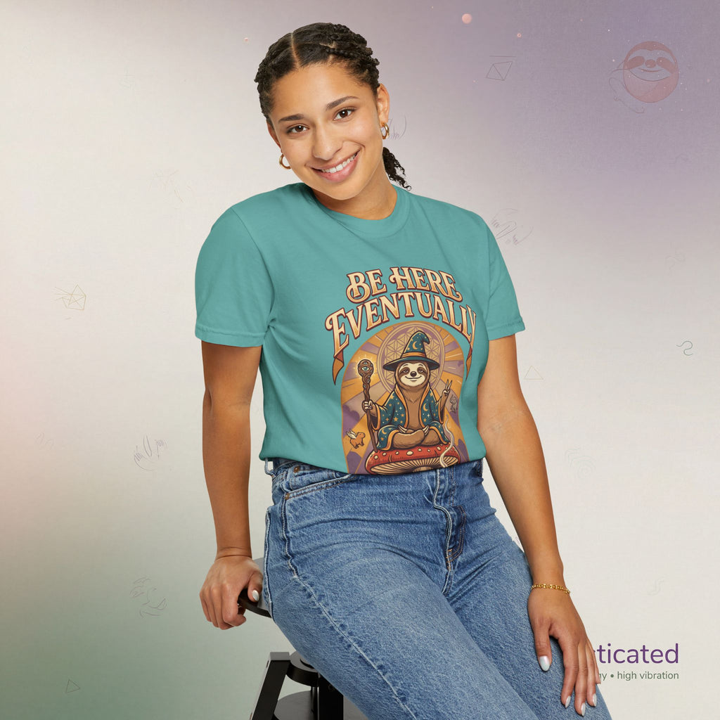 Be Here Eventually Sloth Graphic T-Shirt — Retro Meditation Tee