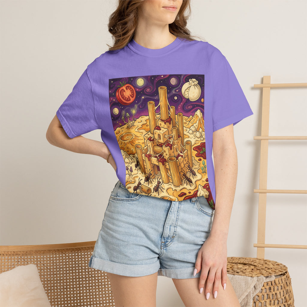 The Pasta Citadel — Funny Pasta Castle Tee · Surreal Foodie Art