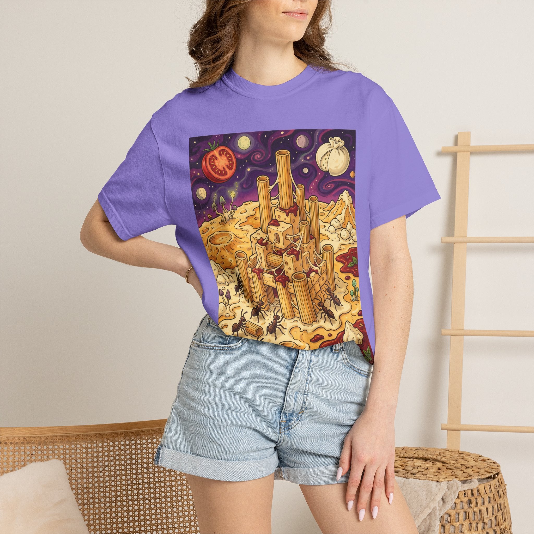 The Pasta Citadel — Funny Pasta Castle Tee · Surreal Foodie Art