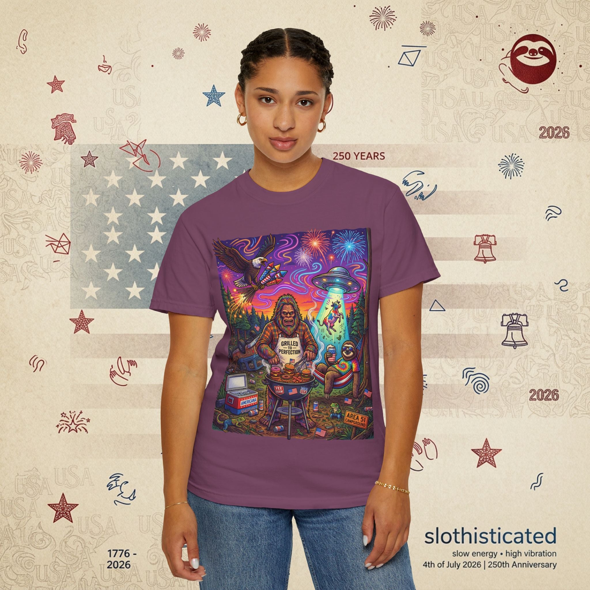 The Visitation — Psychedelic Sasquatch 4th of July BBQ UFO T-Shirt