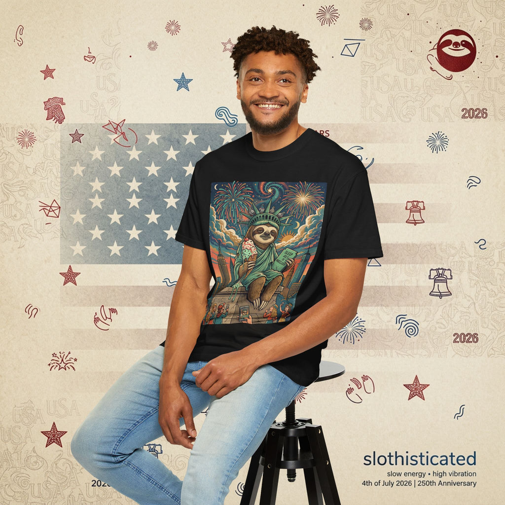 The Colossus — Liberty Sloth Statue Fireworks T-Shirt