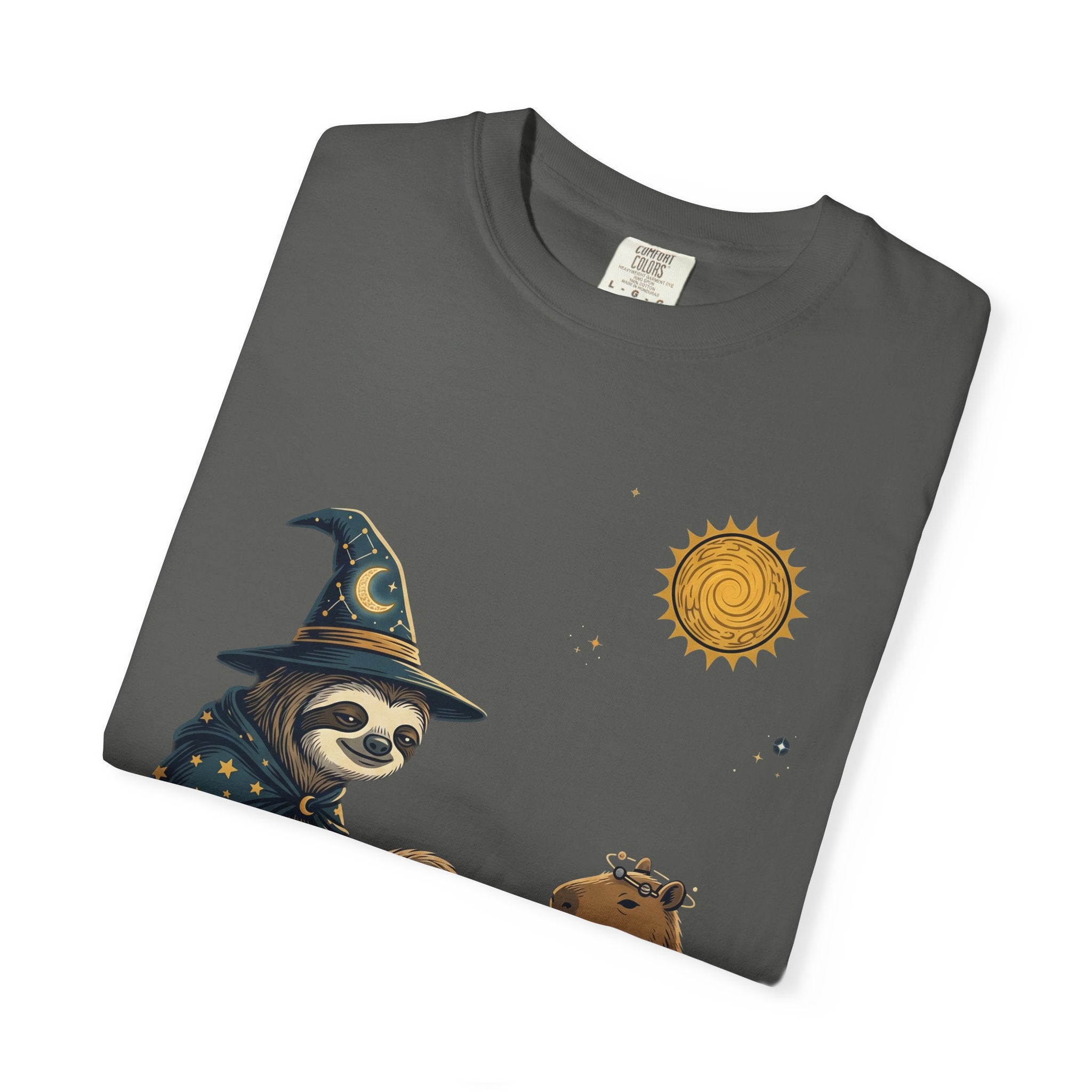 Wizard Sloth vs. Capybara Chess T-Shirt — Cute Fantasy Animal Game Tee