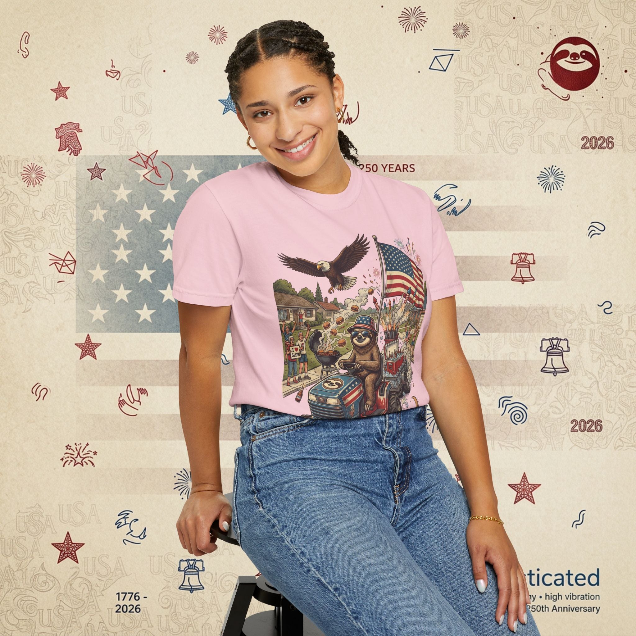 The Slow Ride — Sloth Riding Mower Americana T-Shirt