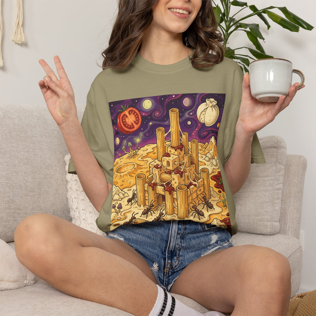 The Pasta Citadel — Funny Pasta Castle Tee · Surreal Foodie Art