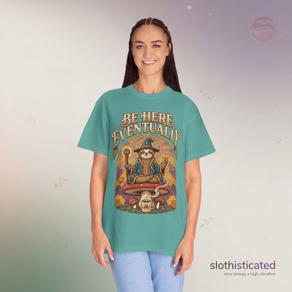 Be Here Eventually Sloth Graphic T-Shirt — Retro Meditation Tee