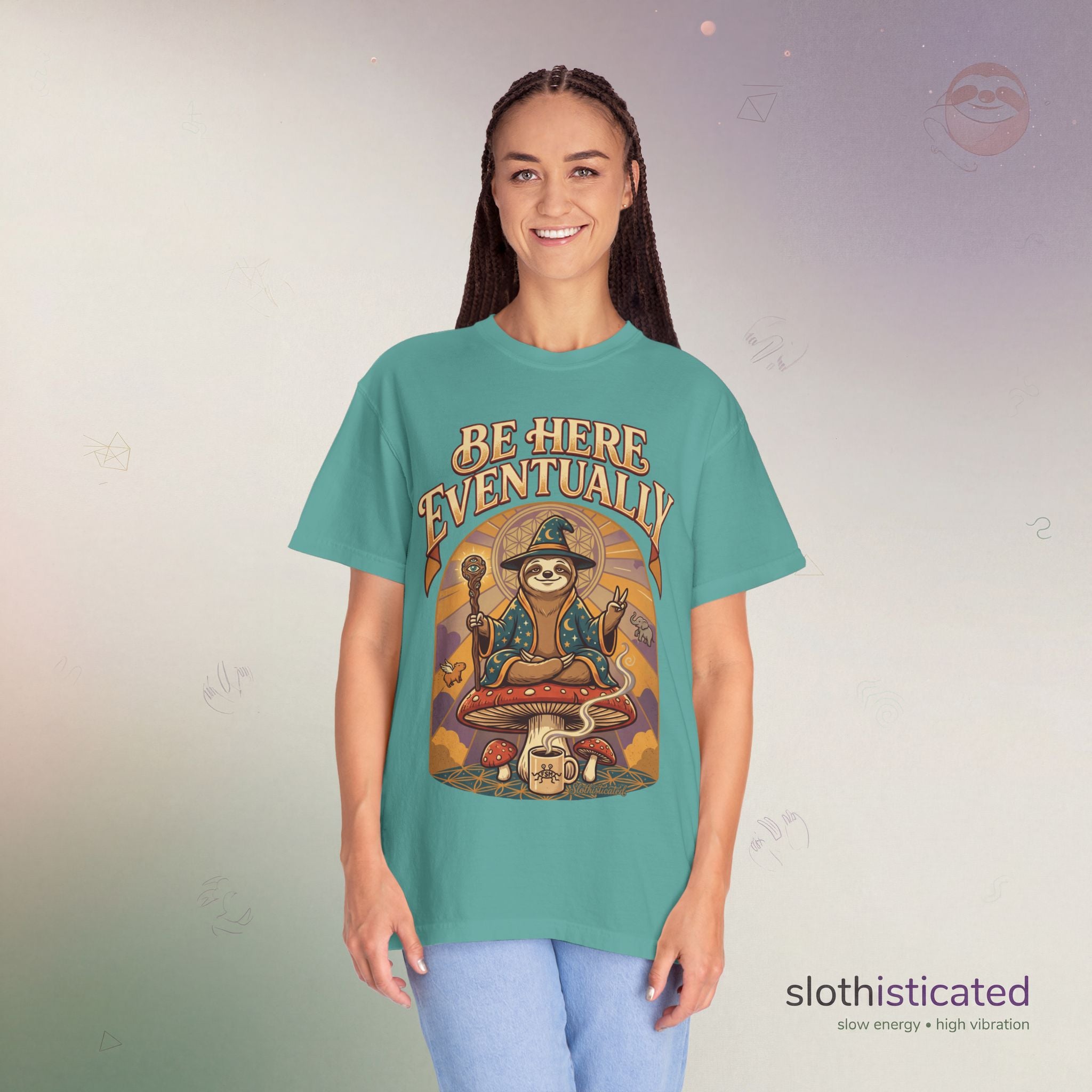 Be Here Eventually Sloth Graphic T-Shirt — Retro Meditation Tee
