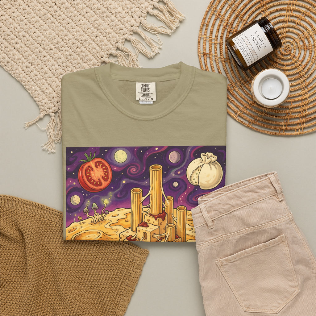 The Pasta Citadel — Funny Pasta Castle Tee · Surreal Foodie Art