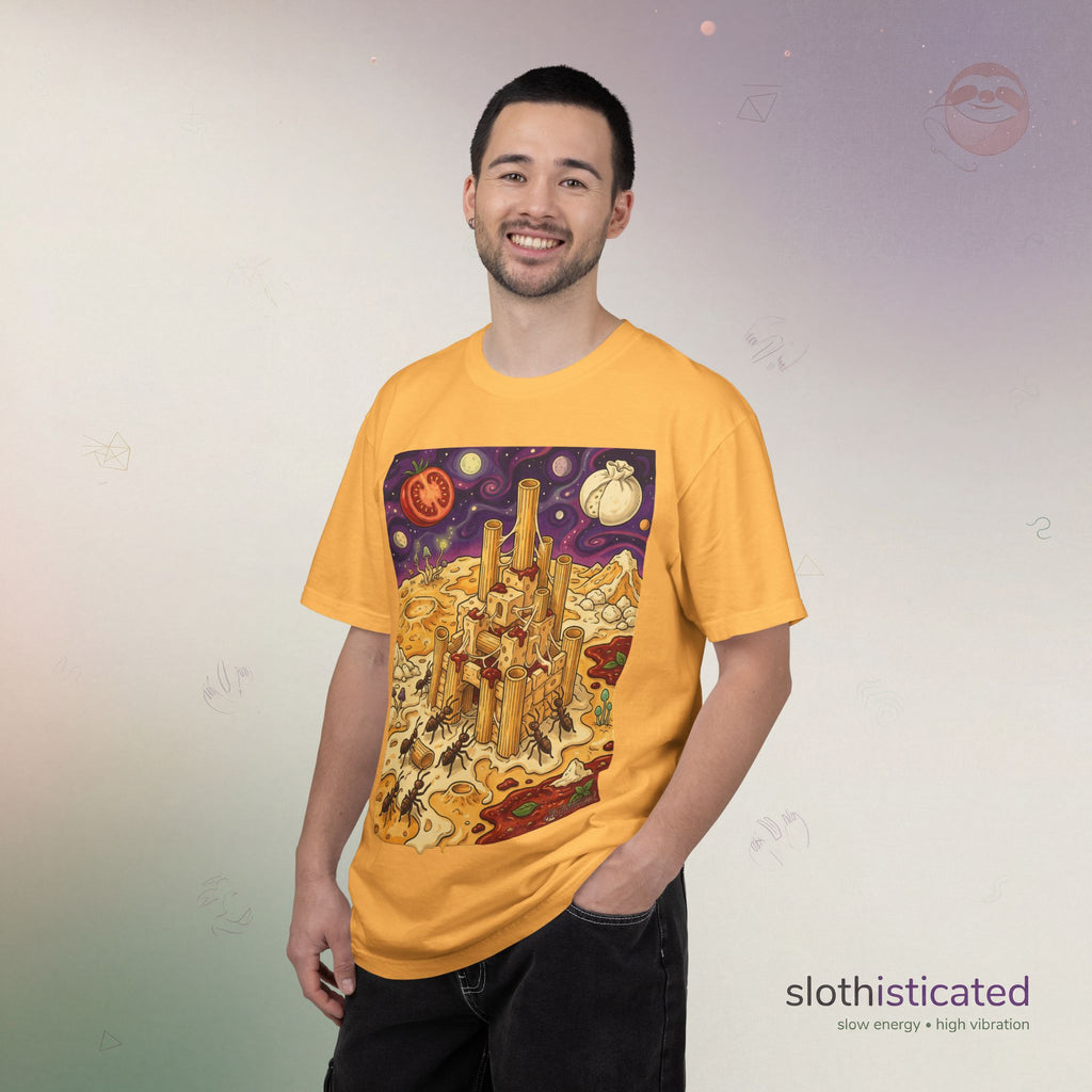 The Pasta Citadel — Funny Pasta Castle Tee · Surreal Foodie Art