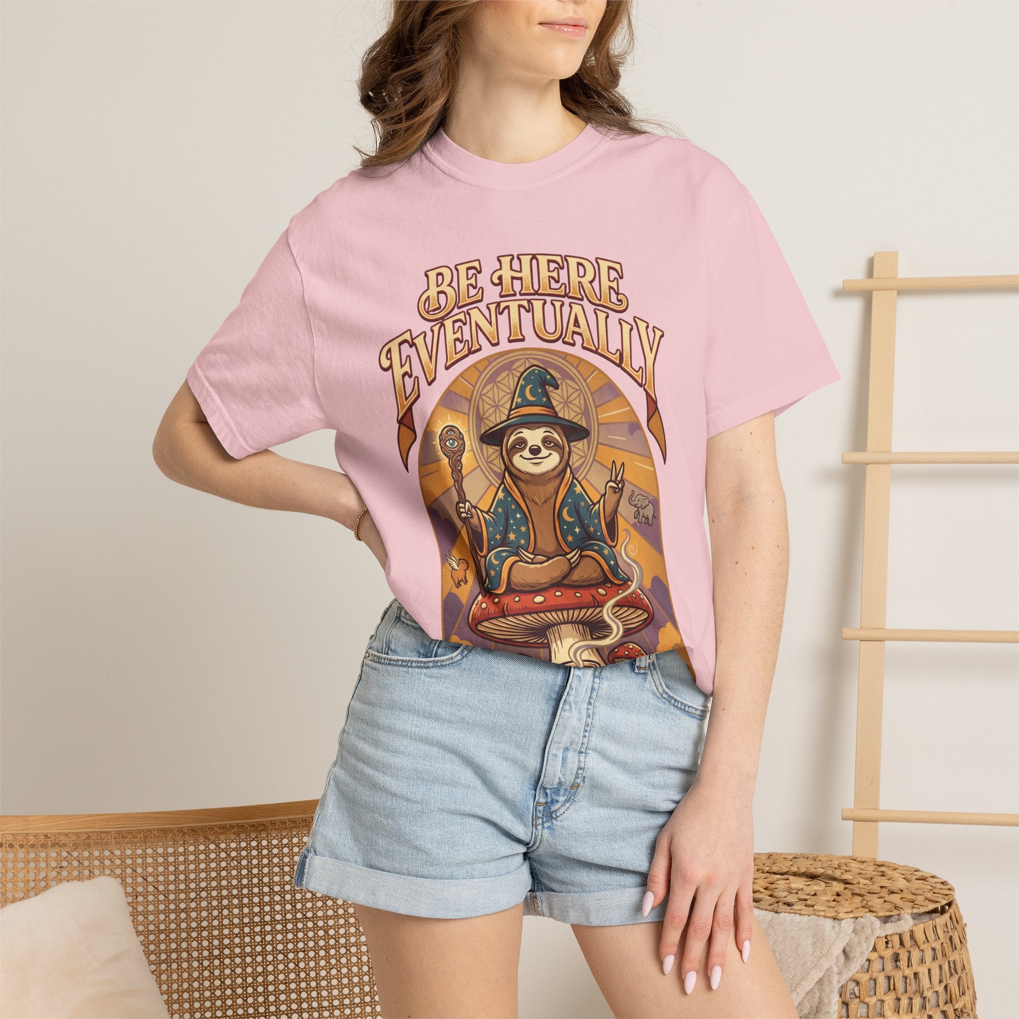 Be Here Eventually Sloth Graphic T-Shirt — Retro Meditation Tee