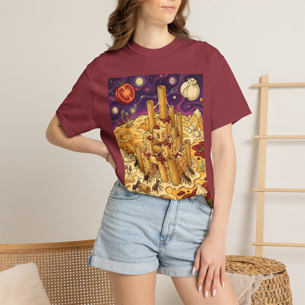 The Pasta Citadel — Funny Pasta Castle Tee · Surreal Foodie Art