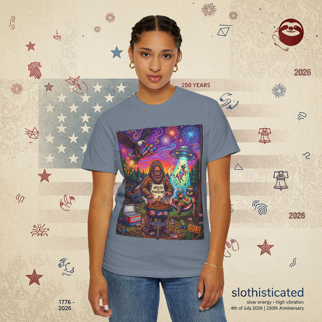 The Visitation — Psychedelic Sasquatch 4th of July BBQ UFO T-Shirt