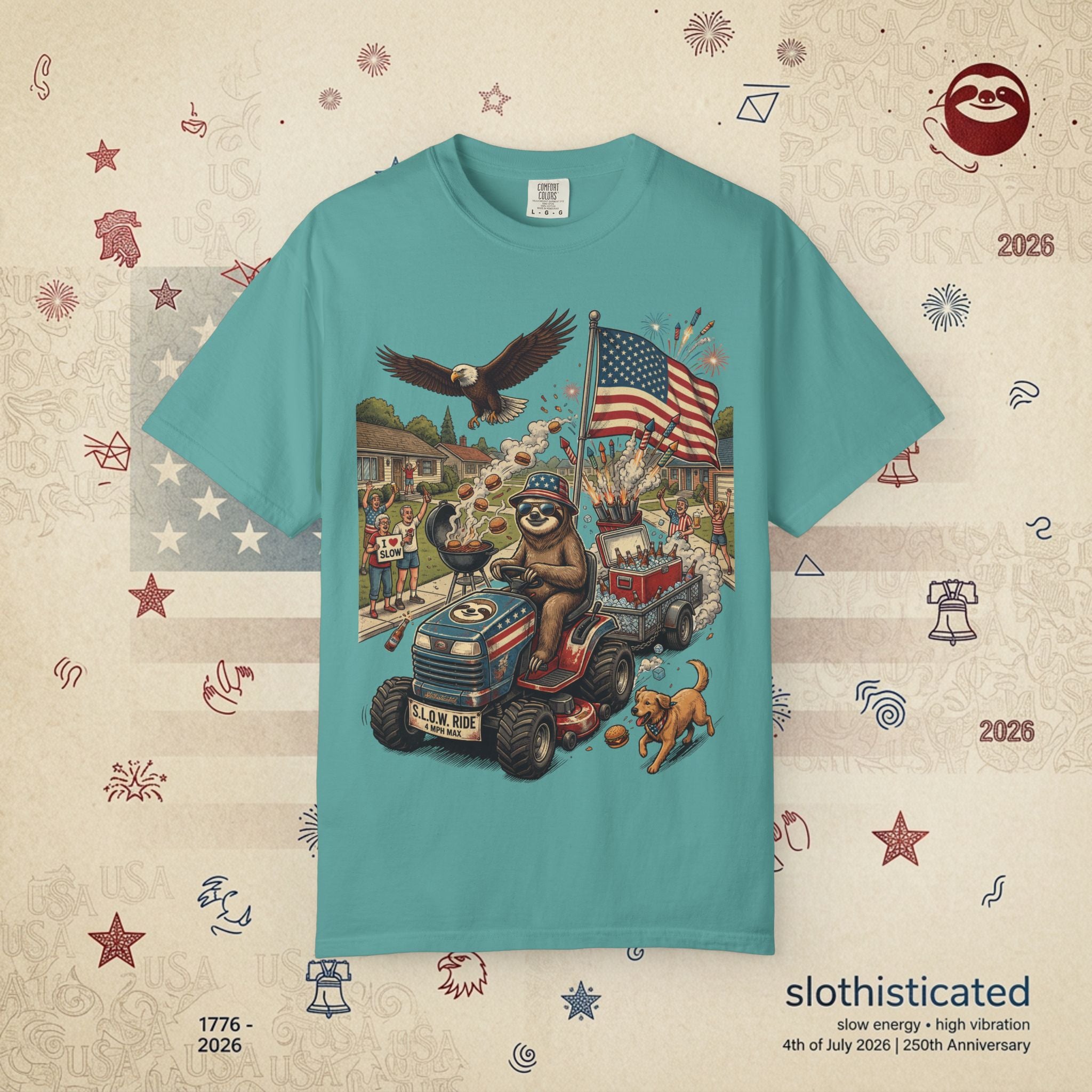 The Slow Ride — Sloth Riding Mower Americana T-Shirt