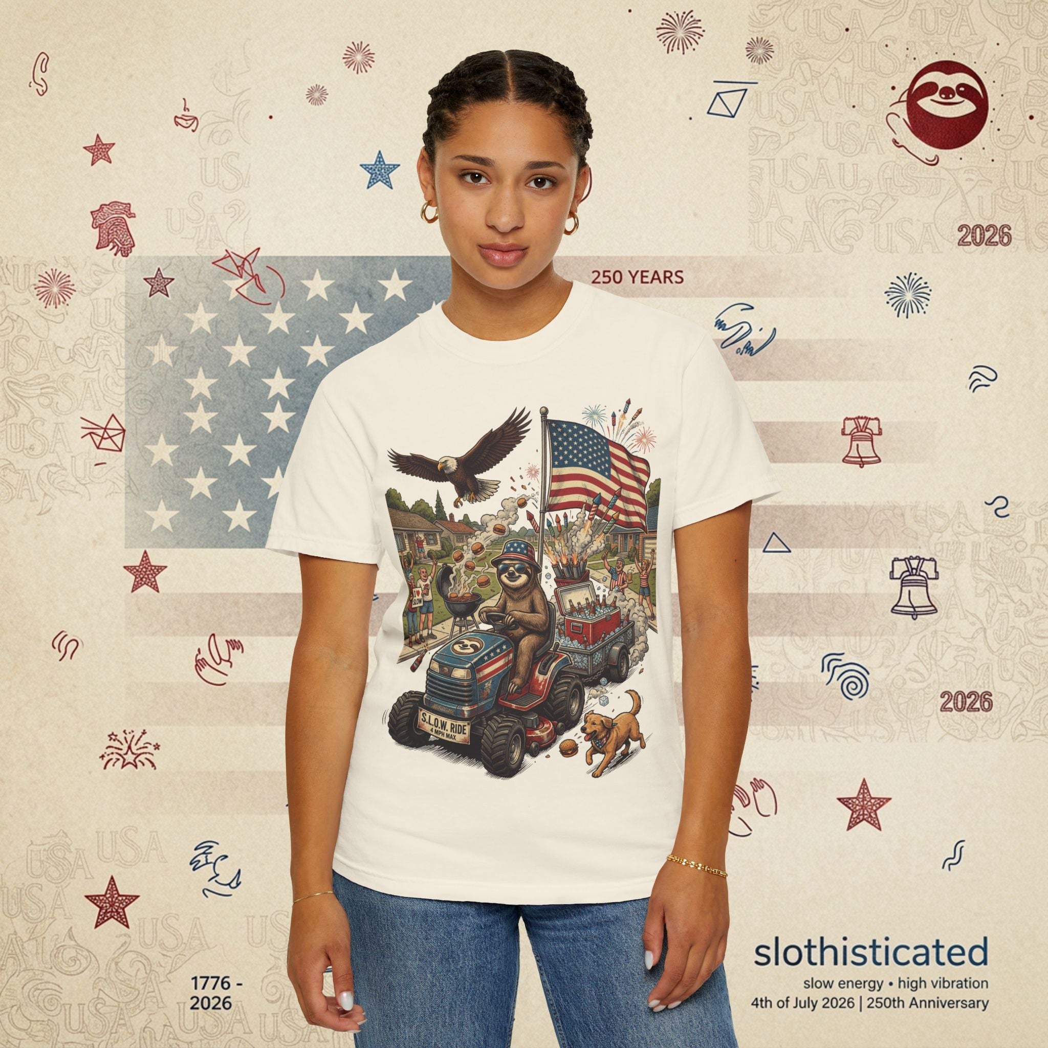 The Slow Ride — Sloth Riding Mower Americana T-Shirt