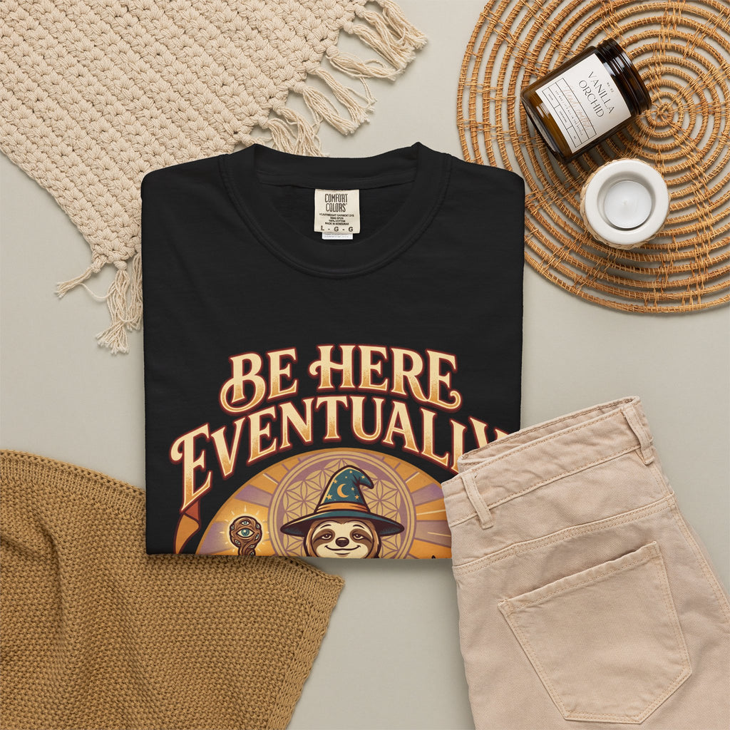 Be Here Eventually Sloth Graphic T-Shirt — Retro Meditation Tee