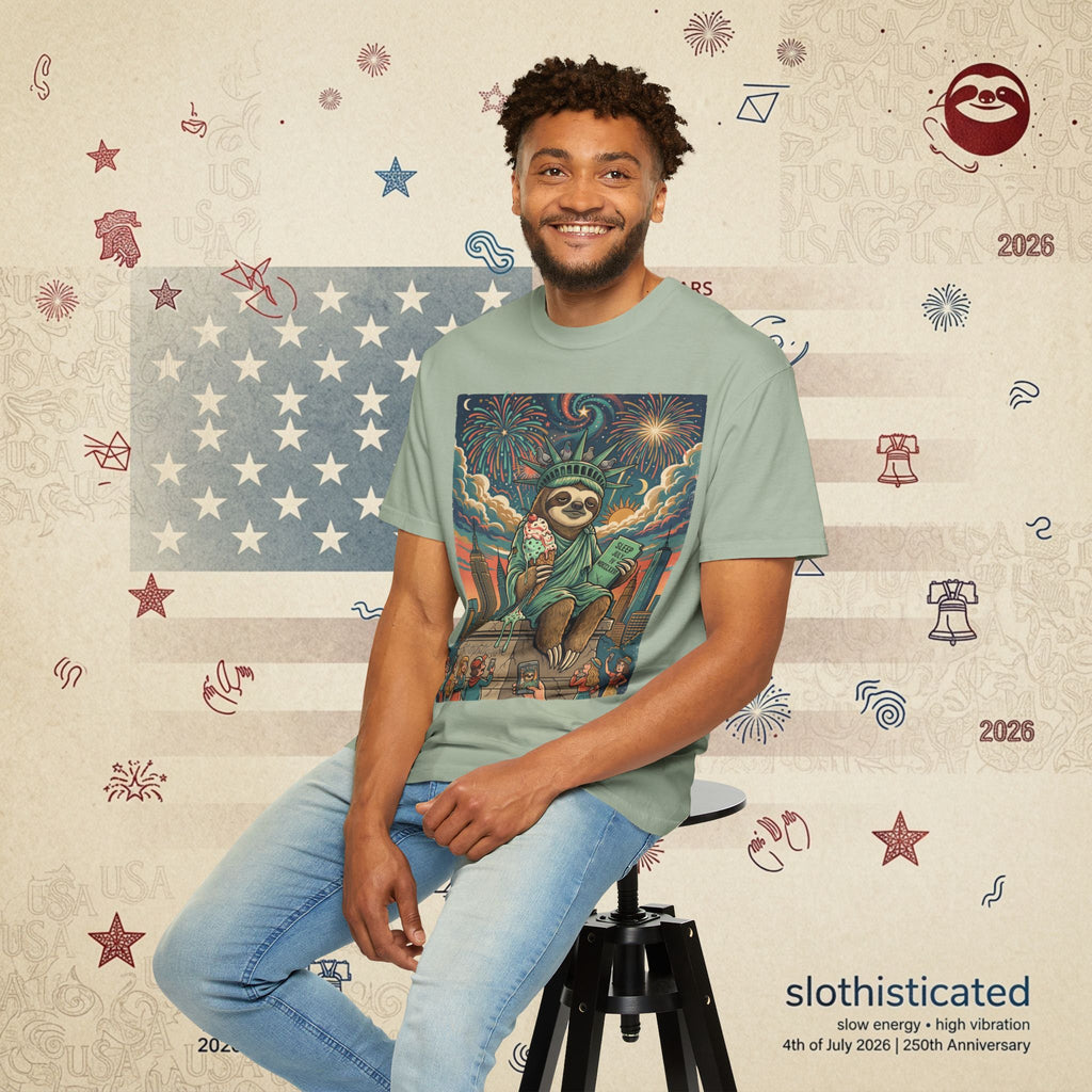 The Colossus — Liberty Sloth Statue Fireworks T-Shirt