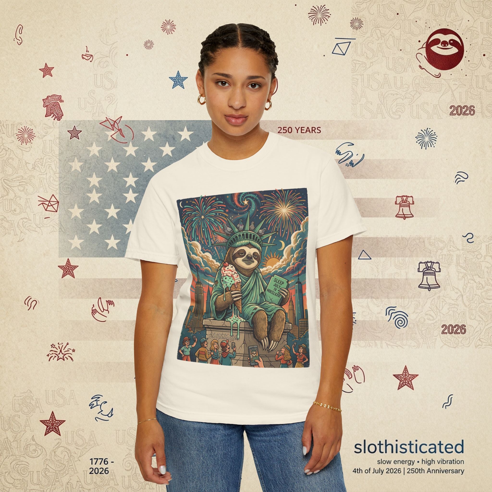 The Colossus — Liberty Sloth Statue Fireworks T-Shirt