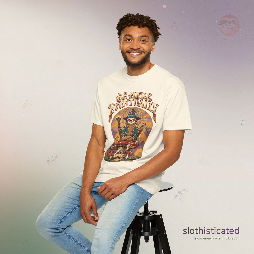 Be Here Eventually Sloth Graphic T-Shirt — Retro Meditation Tee