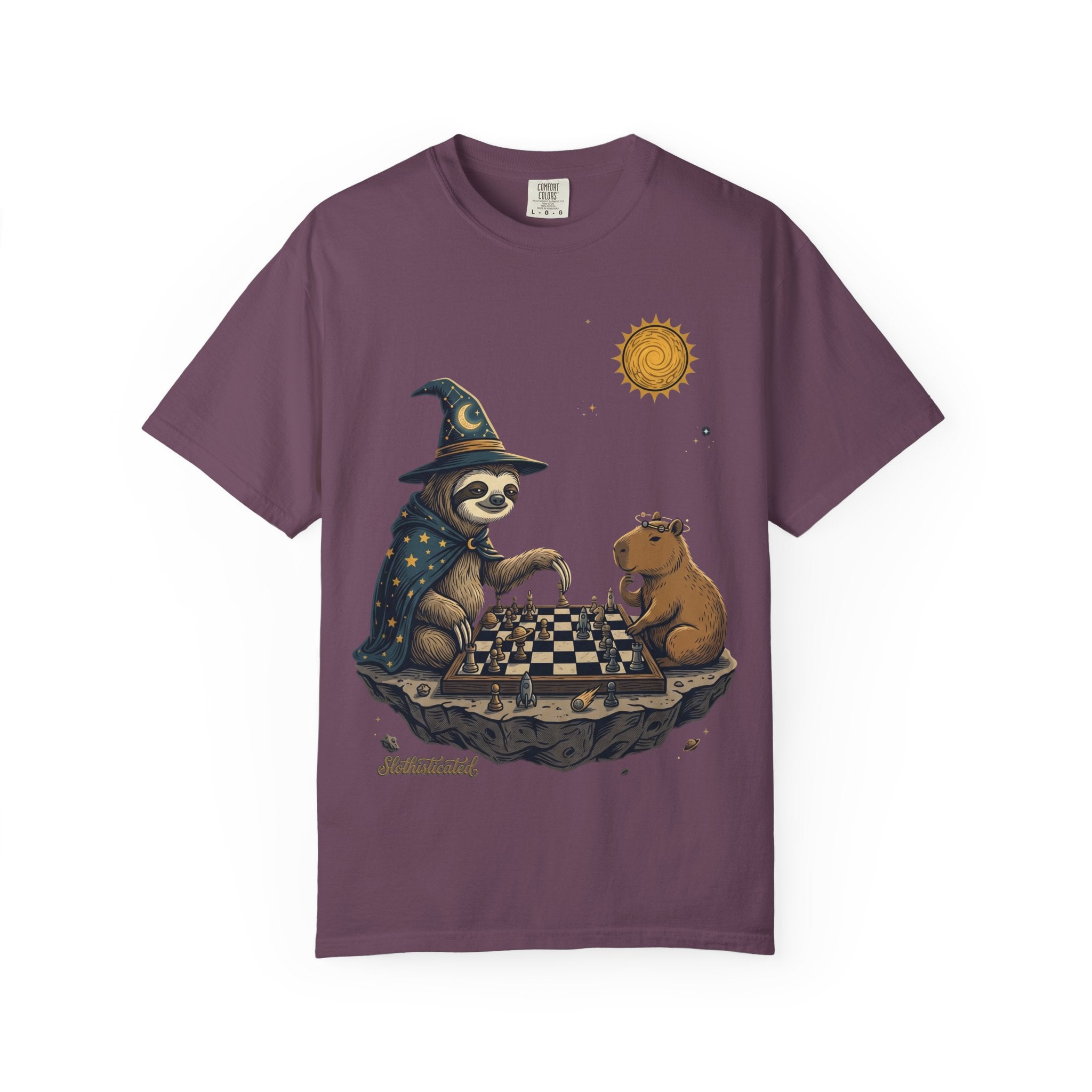 Wizard Sloth vs. Capybara Chess T-Shirt — Cute Fantasy Animal Game Tee