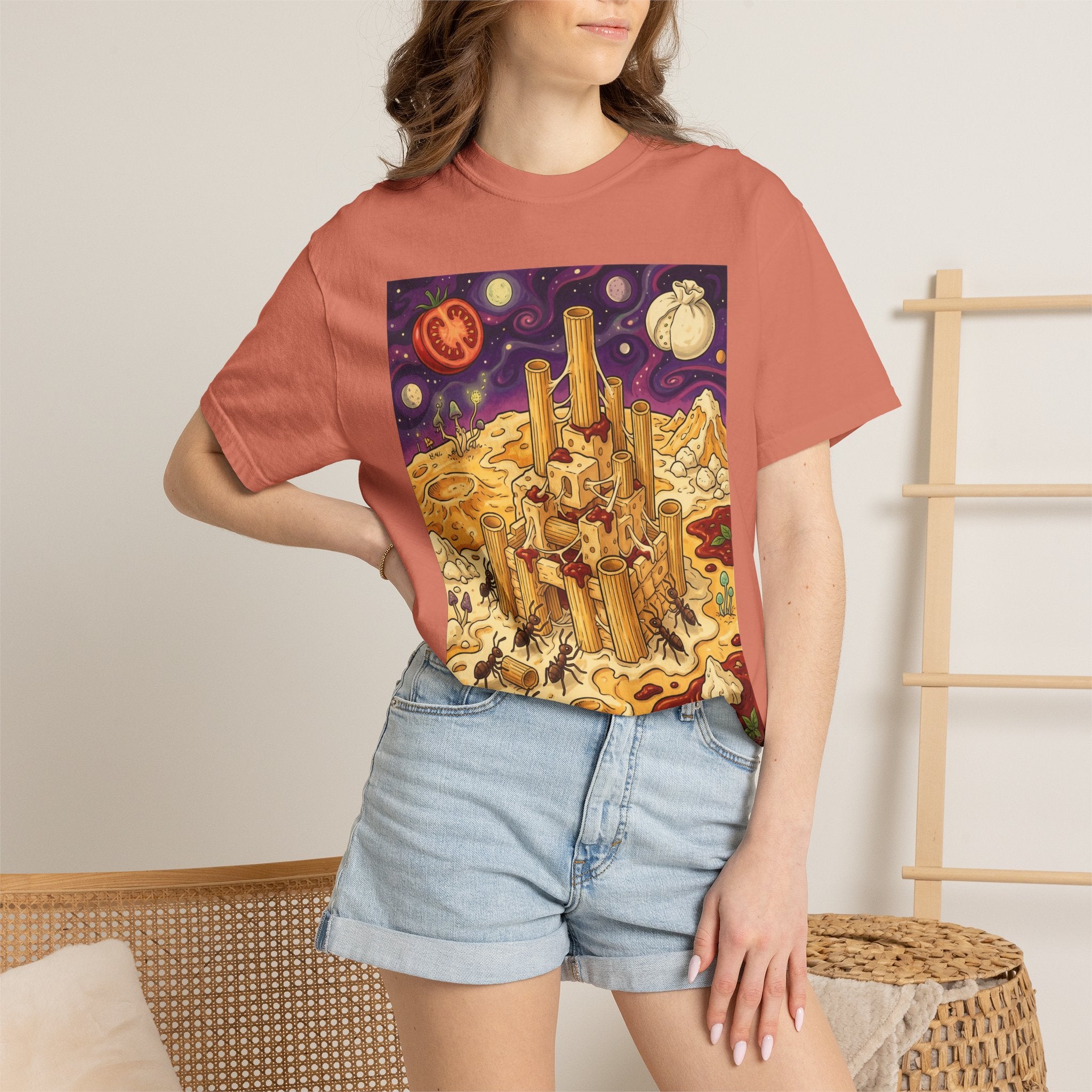 The Pasta Citadel — Funny Pasta Castle Tee · Surreal Foodie Art