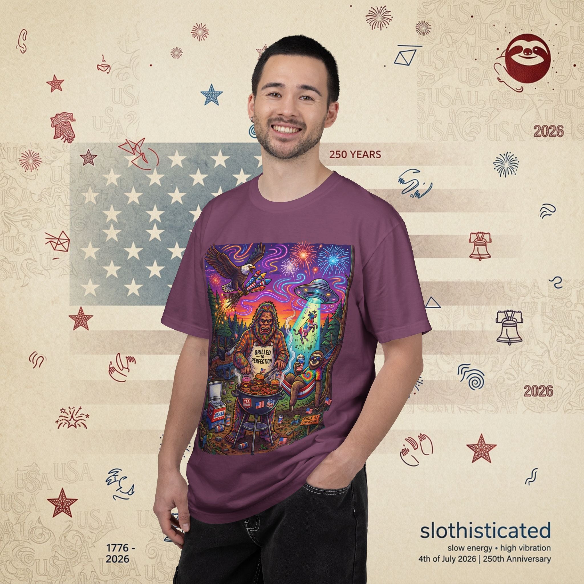 The Visitation — Psychedelic Sasquatch 4th of July BBQ UFO T-Shirt