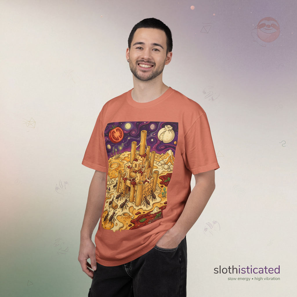 The Pasta Citadel — Funny Pasta Castle Tee · Surreal Foodie Art