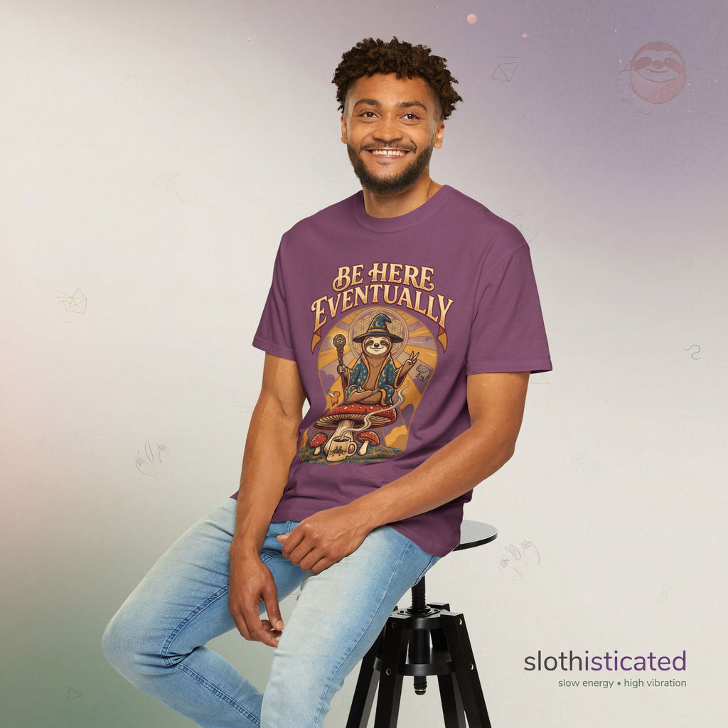 Be Here Eventually Sloth Graphic T-Shirt — Retro Meditation Tee