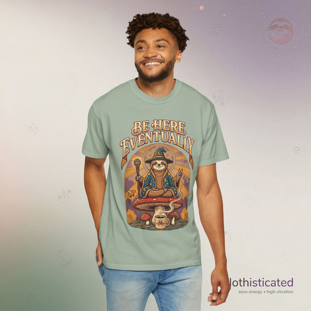Be Here Eventually Sloth Graphic T-Shirt — Retro Meditation Tee