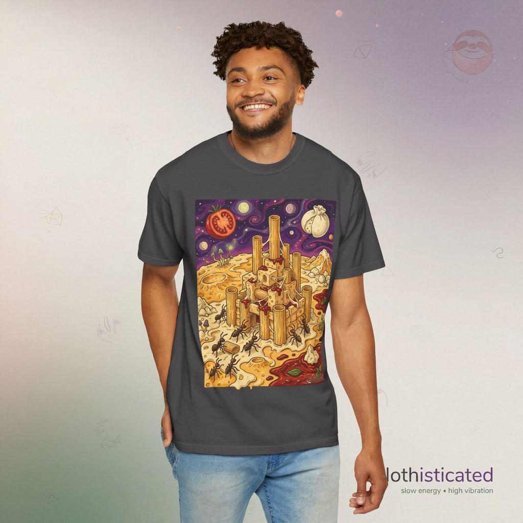 The Pasta Citadel — Funny Pasta Castle Tee · Surreal Foodie Art
