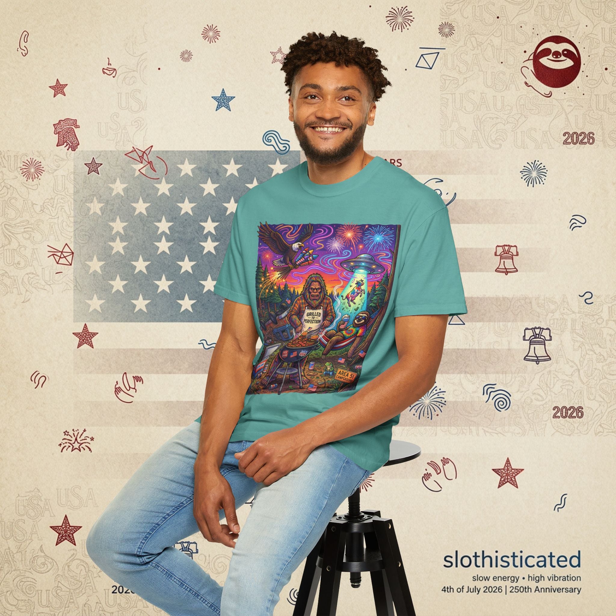 The Visitation — Psychedelic Sasquatch 4th of July BBQ UFO T-Shirt