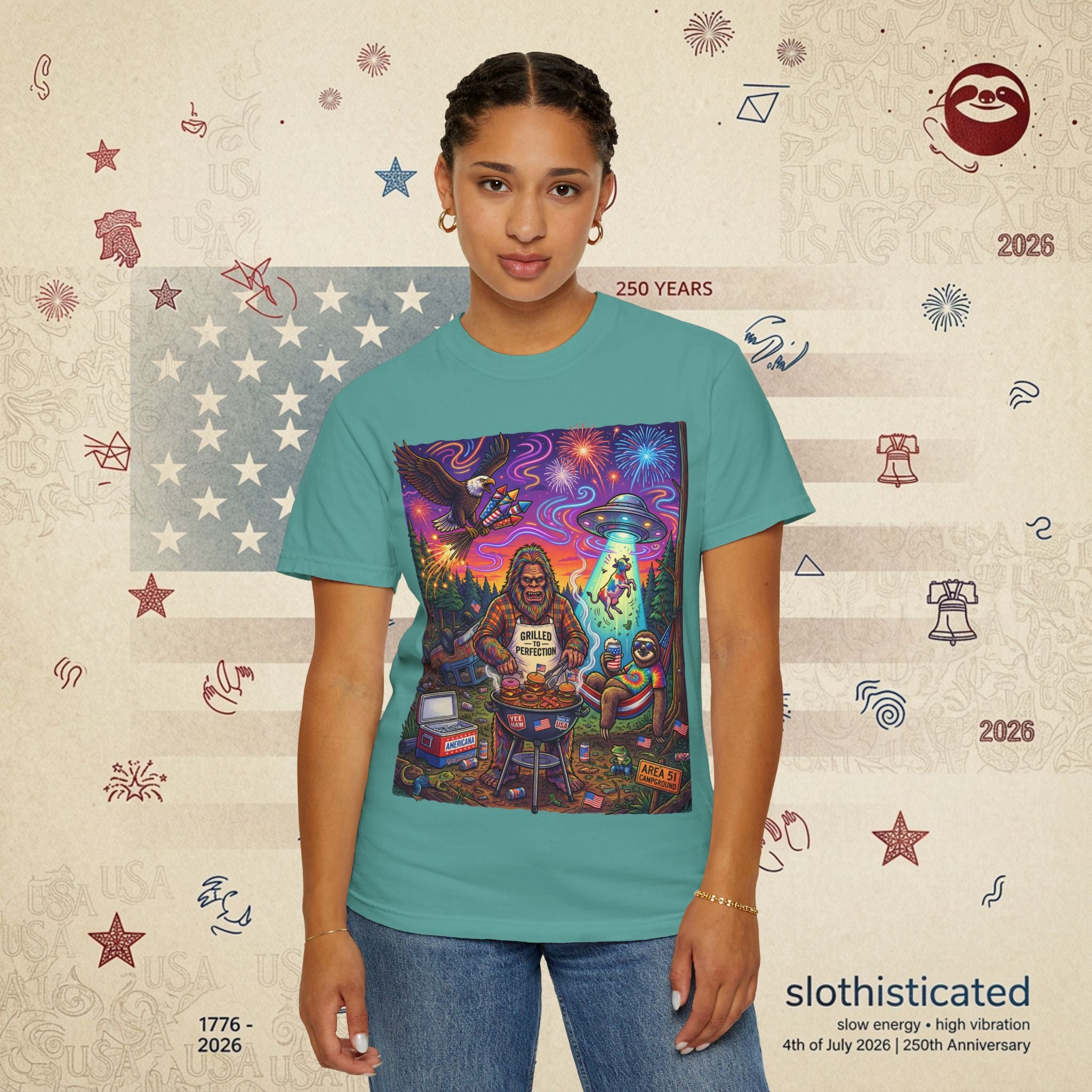 The Visitation — Psychedelic Sasquatch 4th of July BBQ UFO T-Shirt