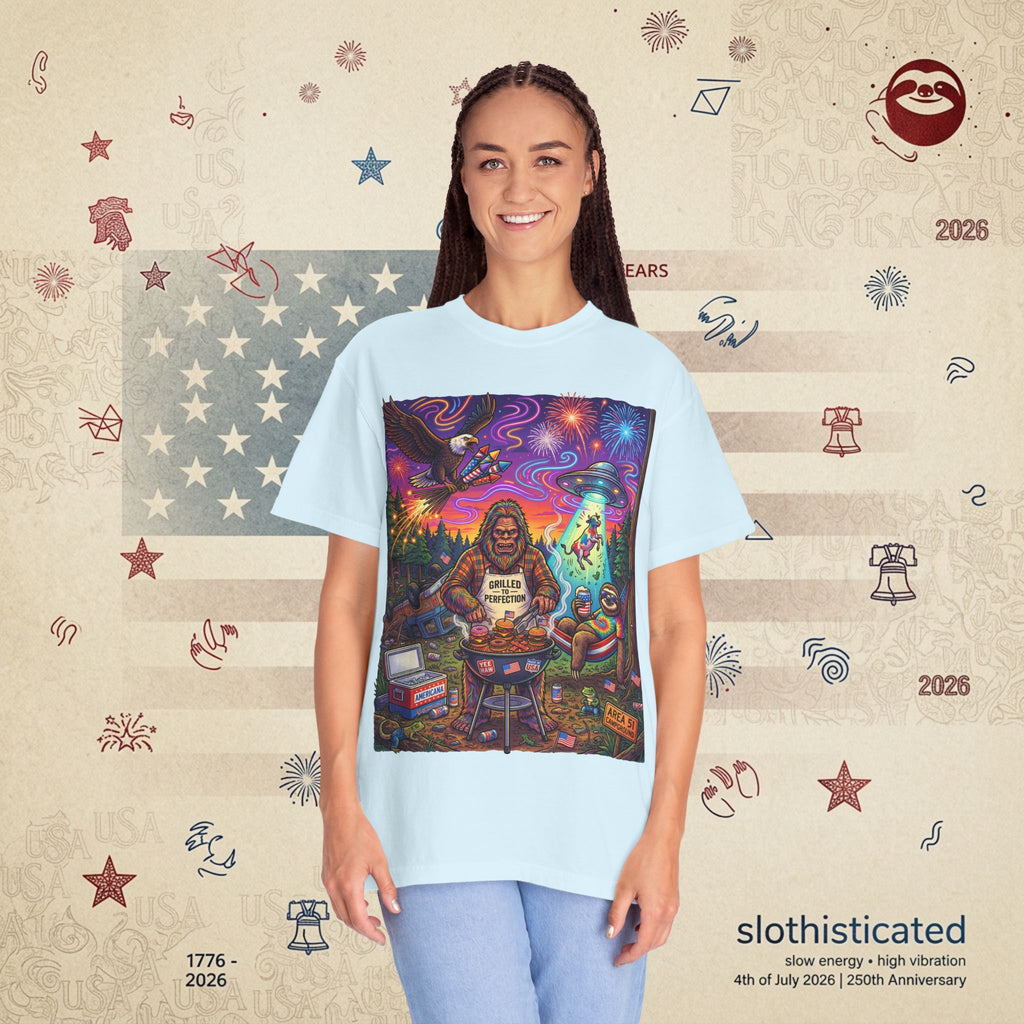 The Visitation — Psychedelic Sasquatch 4th of July BBQ UFO T-Shirt