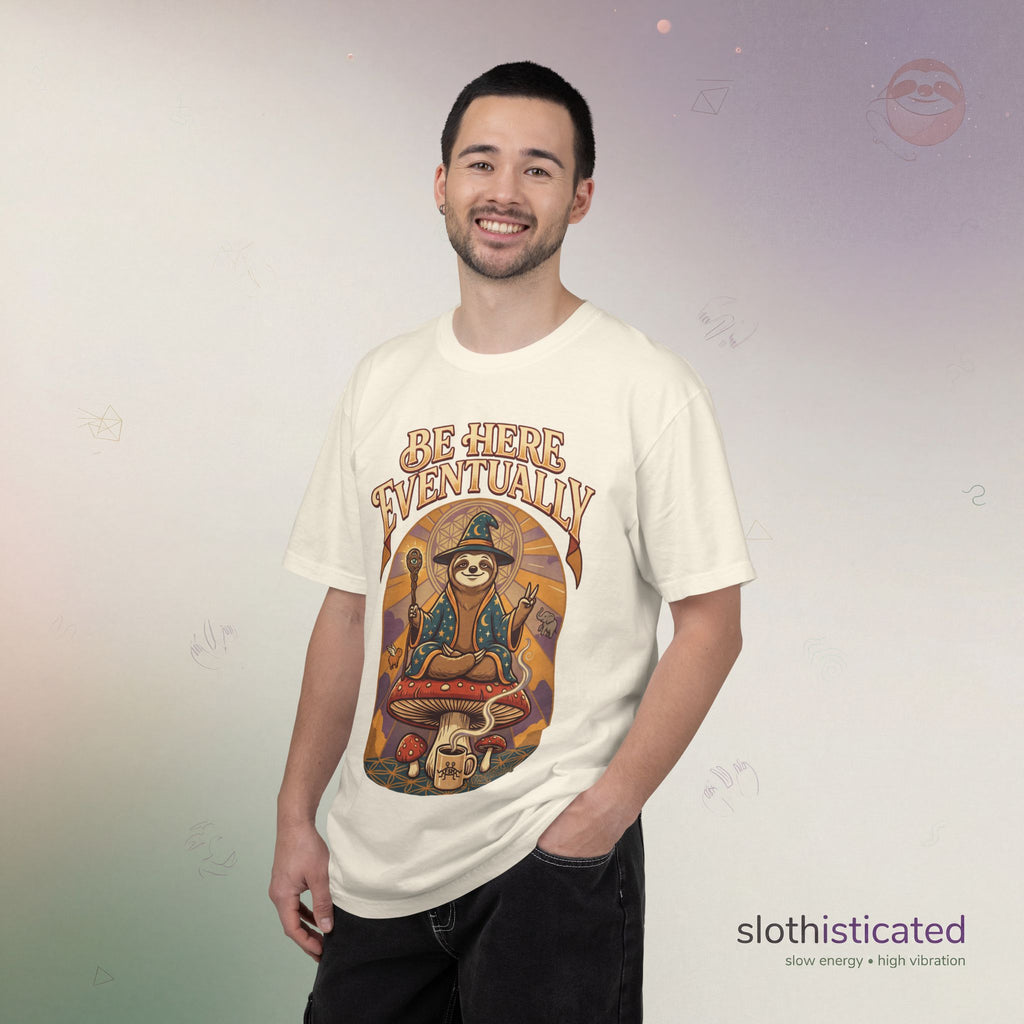 Be Here Eventually Sloth Graphic T-Shirt — Retro Meditation Tee
