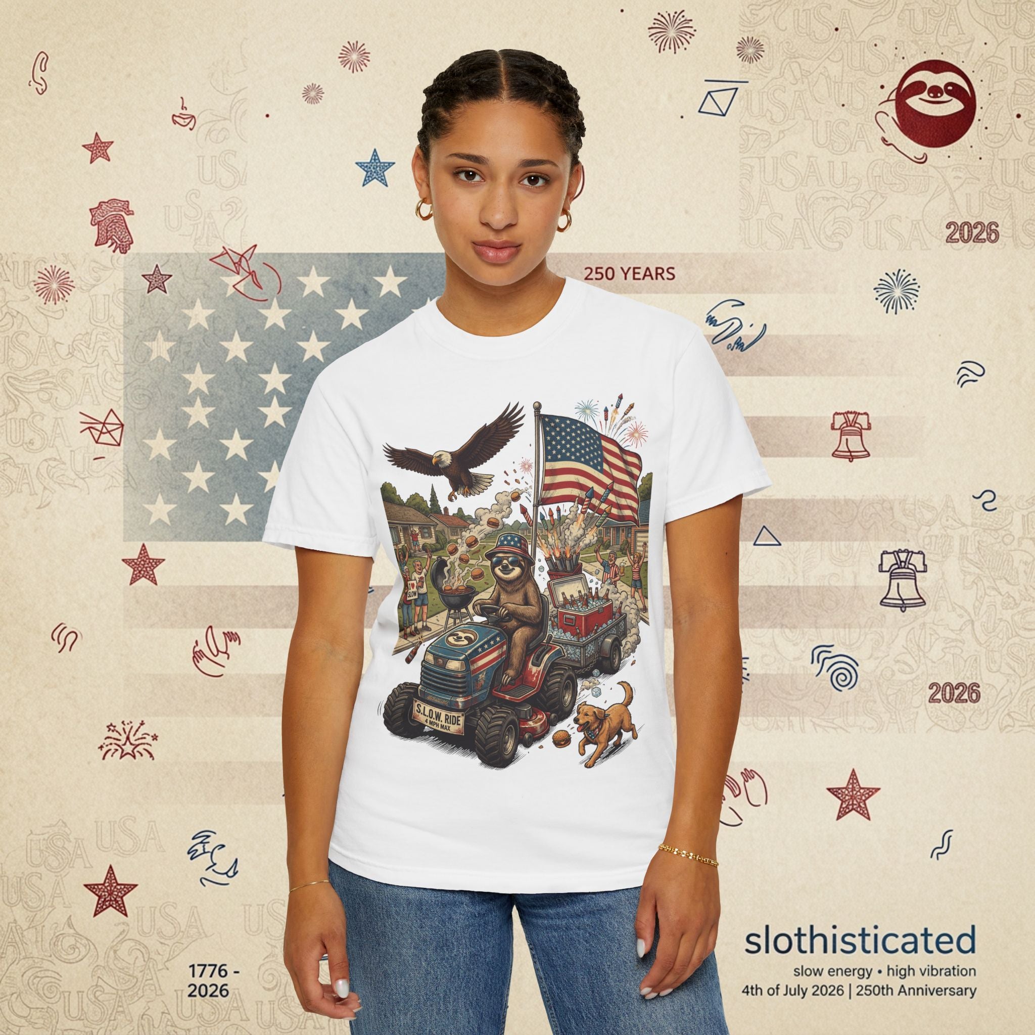 The Slow Ride — Sloth Riding Mower Americana T-Shirt