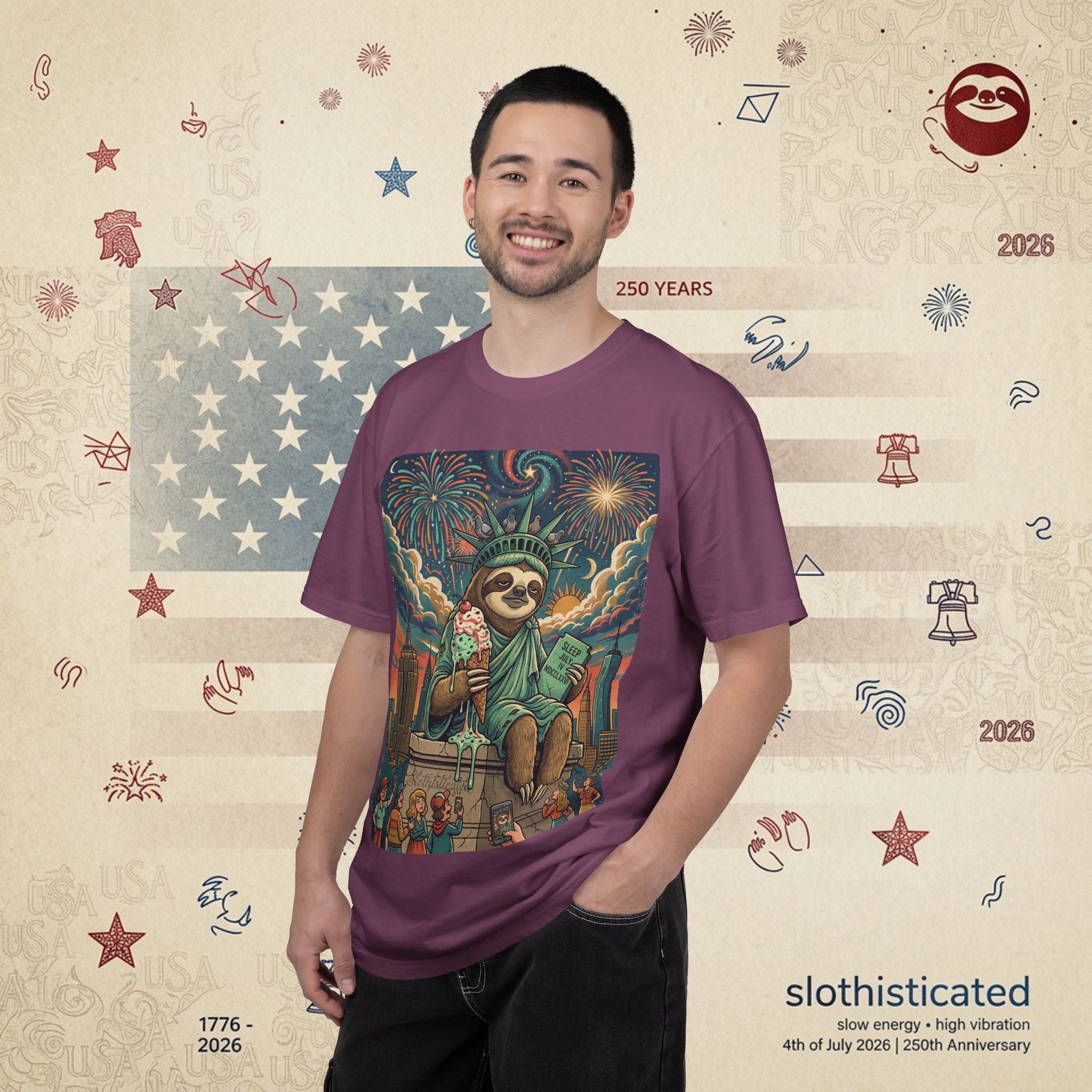 The Colossus — Liberty Sloth Statue Fireworks T-Shirt