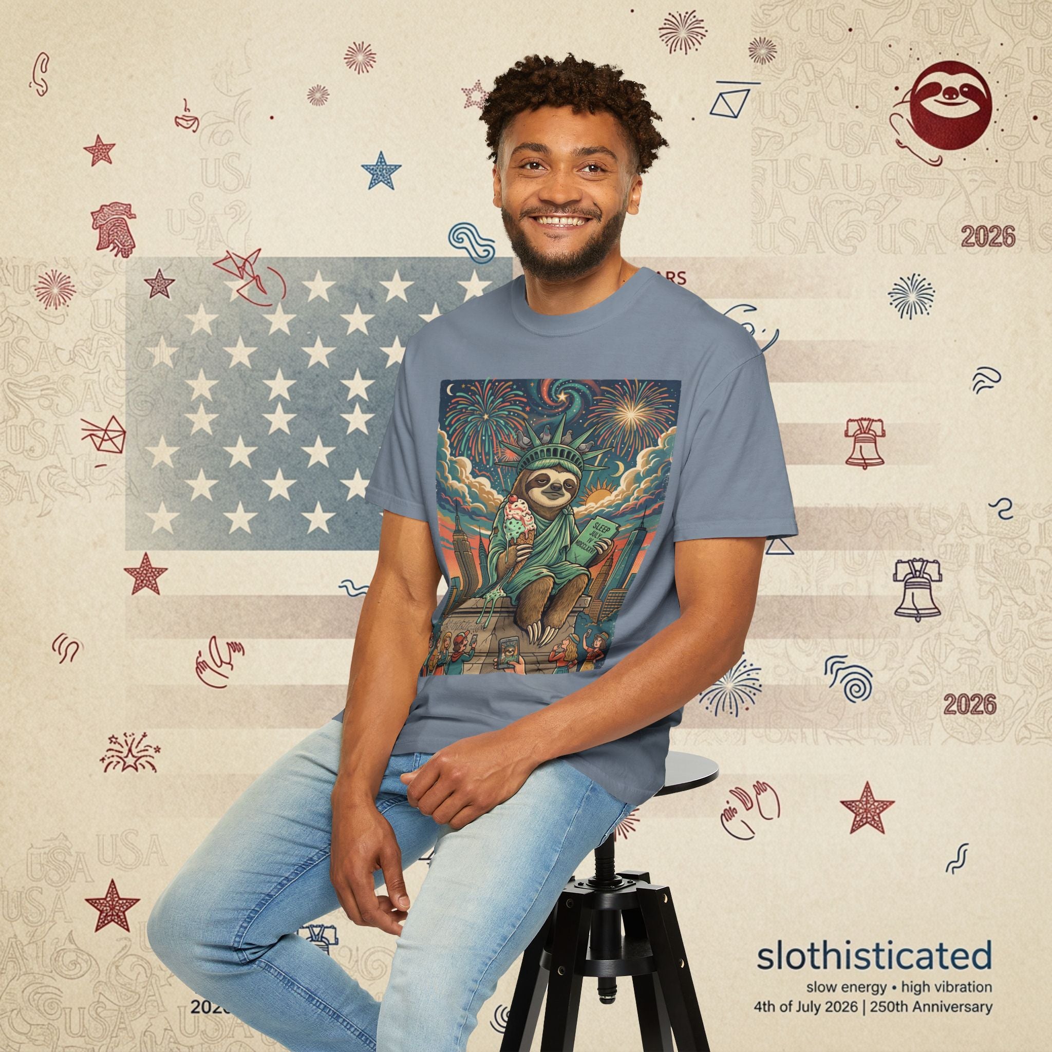 The Colossus — Liberty Sloth Statue Fireworks T-Shirt